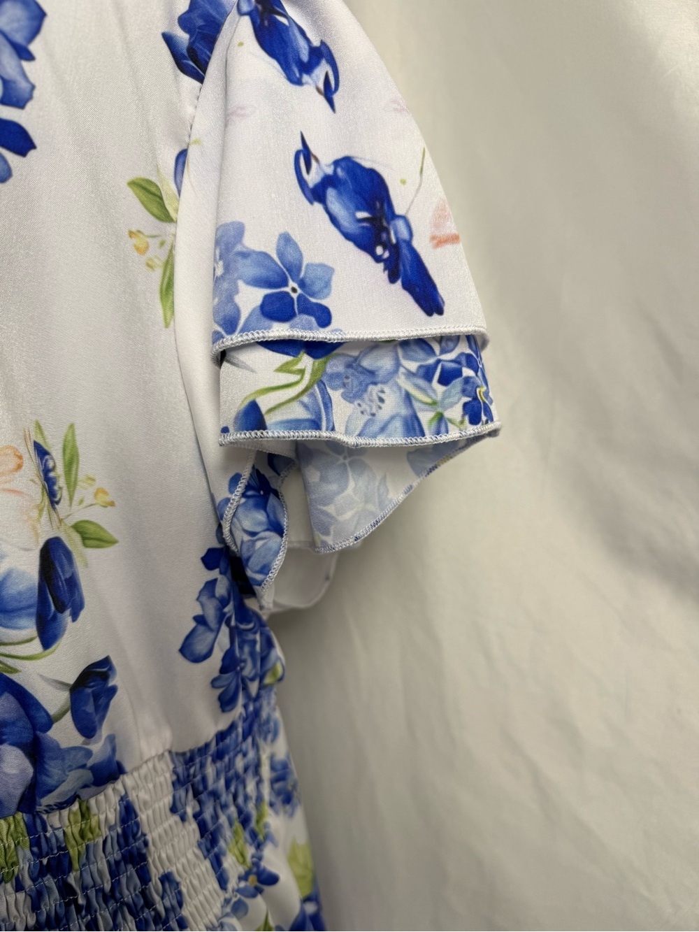 229) Blue & White Floral Smocked Midi Dress | Flutter Sleeve Cottagecore - Picture 6 of 10